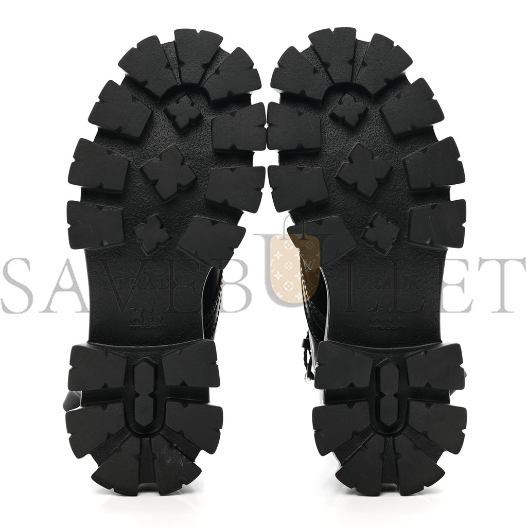 PRADA SPAZZOLATO ROIS RE-NYLON METAL TRIANGLE LOGO MENS MONOLITH POUCH POCKET 60MM COMBAT BOOTS 7.5 BLACK