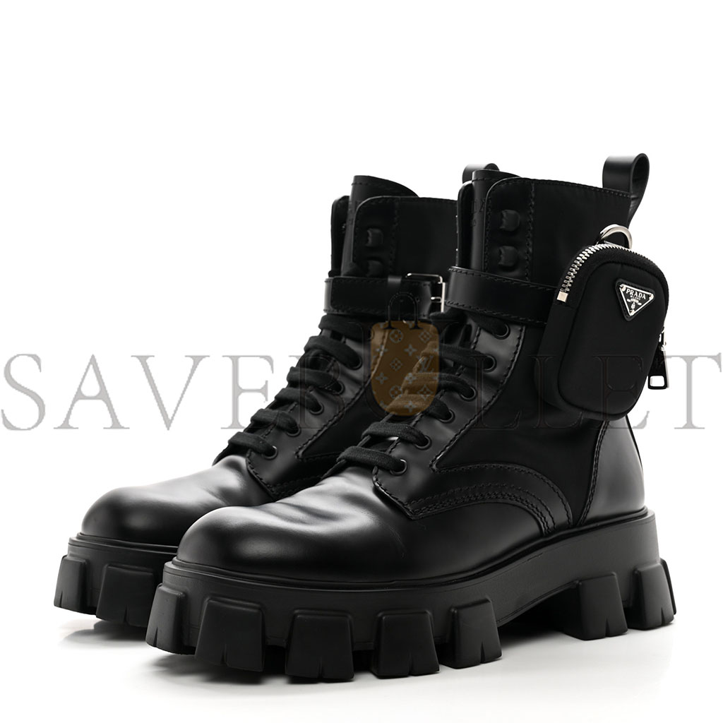 PRADA SPAZZOLATO ROIS RE-NYLON METAL TRIANGLE LOGO MENS MONOLITH POUCH POCKET 60MM COMBAT BOOTS 7.5 BLACK