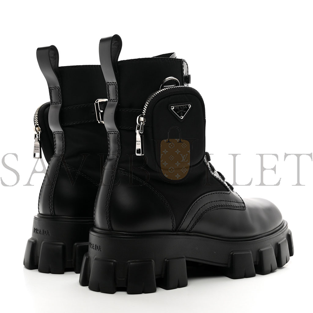 PRADA SPAZZOLATO ROIS RE-NYLON METAL TRIANGLE LOGO MENS MONOLITH POUCH POCKET 60MM COMBAT BOOTS 7.5 BLACK