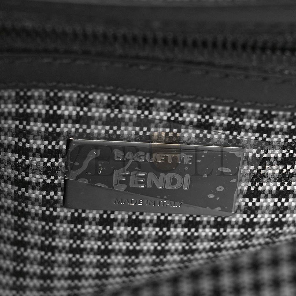 FENDI WOOL VITELLO KING HOUNDSTOOTH FF EMBROIDERED BAGUETTE GRIGIO ANTHRACITE (27*17*6cm)